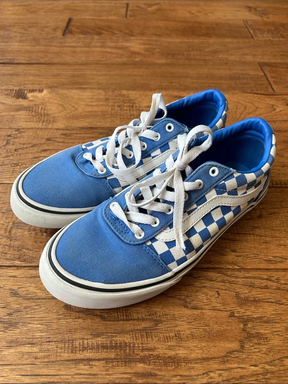 Vans Old Skool Checkerboard Skate Shoes Sneakers True Blue White Youth Size 4.5
